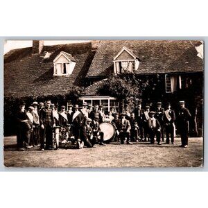 Vintage 1900s Black & White RPPC Of A Musical Group In Front Of A Cottage #1619